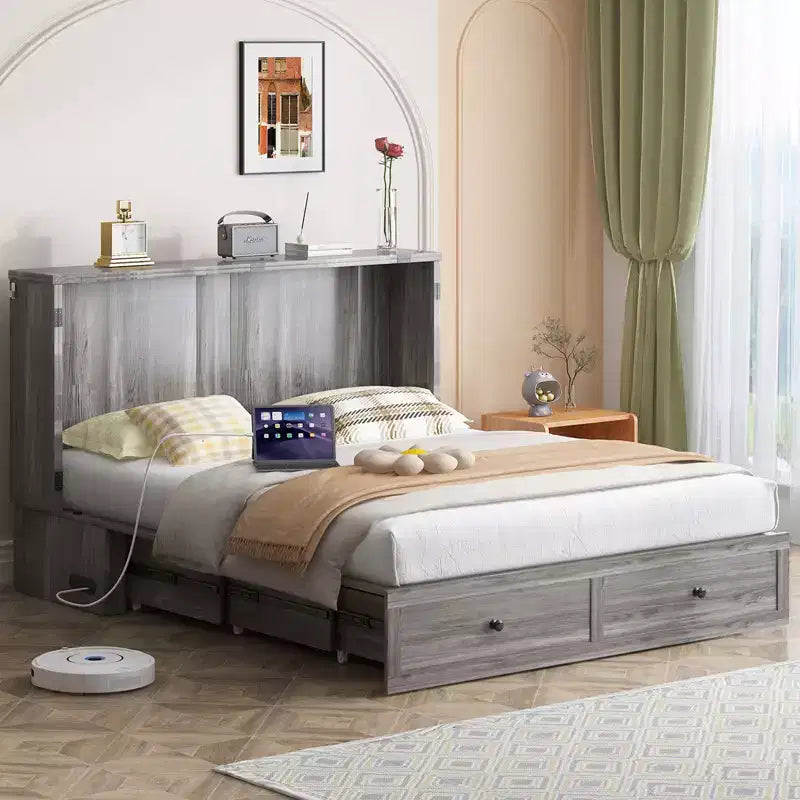 Letto a cassettone a scomparsa moderno Full/Queen Size con spazio contenitivo, SENZA MATERASSO, GRIGIO