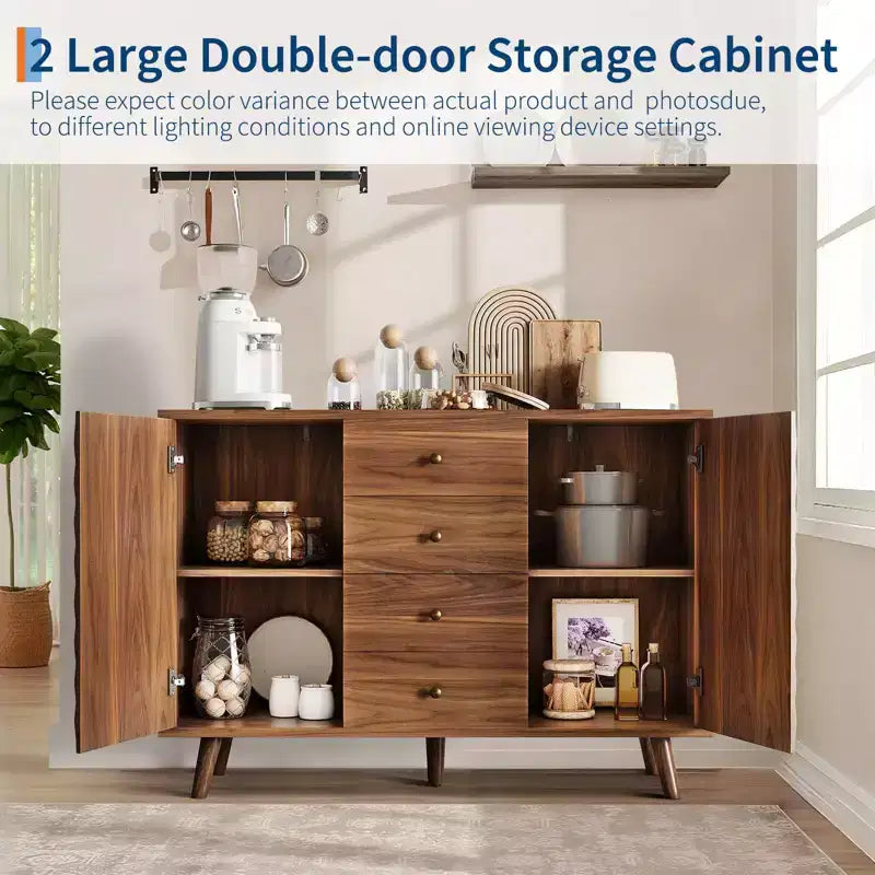 47 in Wood Farmhouse Buffet Cabinets with 2 Doors and 4 Drawers, Large Sideboard Buffet Cabinet with Diamond Engraving