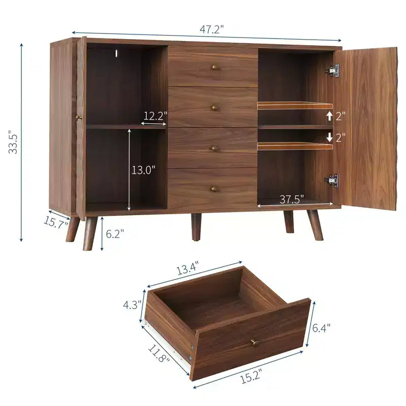 Credenza rustica da 47 in legno con 2 ante e 4 cassetti, ampia madia con incisioni a rombi