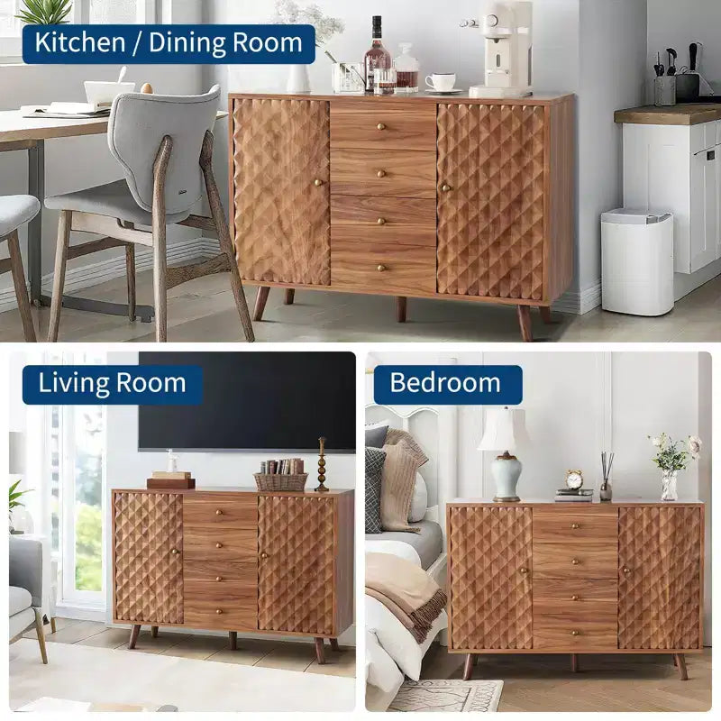 47 in Wood Farmhouse Buffet Cabinets with 2 Doors and 4 Drawers, Large Sideboard Buffet Cabinet with Diamond Engraving