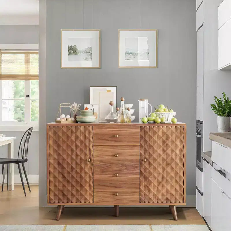 47 in Wood Farmhouse Buffet Cabinets with 2 Doors and 4 Drawers, Large Sideboard Buffet Cabinet with Diamond Engraving