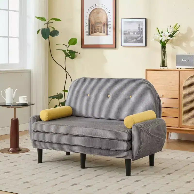 Nowoczesna, mała, rozkładana sofa z bocznymi kieszeniami i portem USB, wygodna sofa dwuosobowa z funkcją spania do salonu lub mieszkania