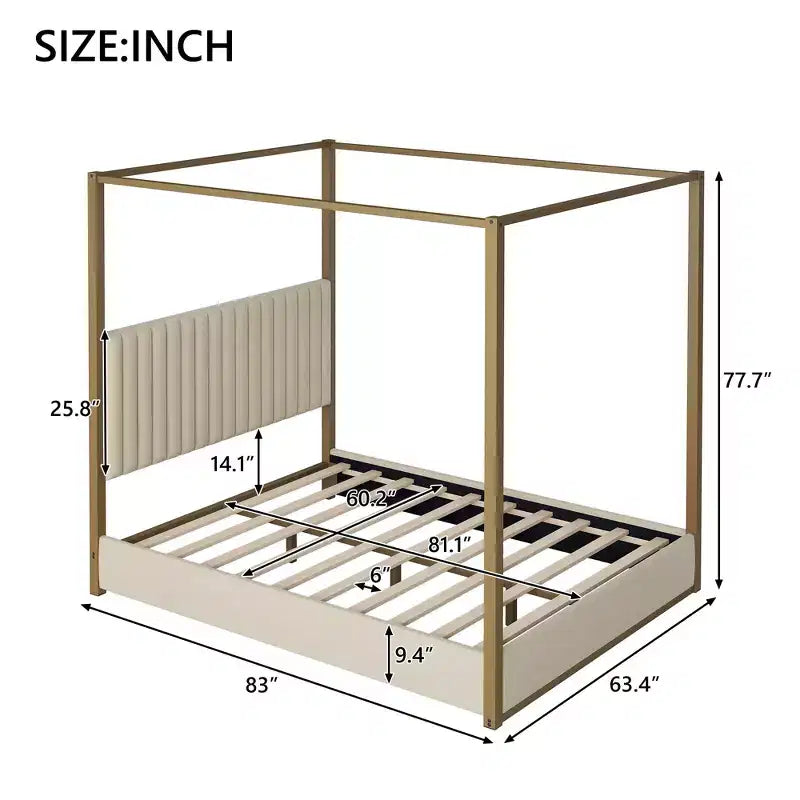 Letto a baldacchino Queen Size con testiera imbottita a canali e trapuntata, struttura con 4 montanti in metallo dorato, per bambini, adolescenti e adulti, beige