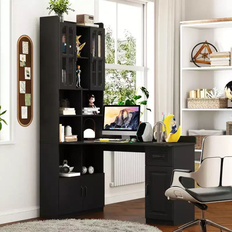 Scrivania angolare a L 2 in 1 per ufficio domestico o studio, tavolo da studio con cassetti, libreria e alzata, ampia superficie di lavoro