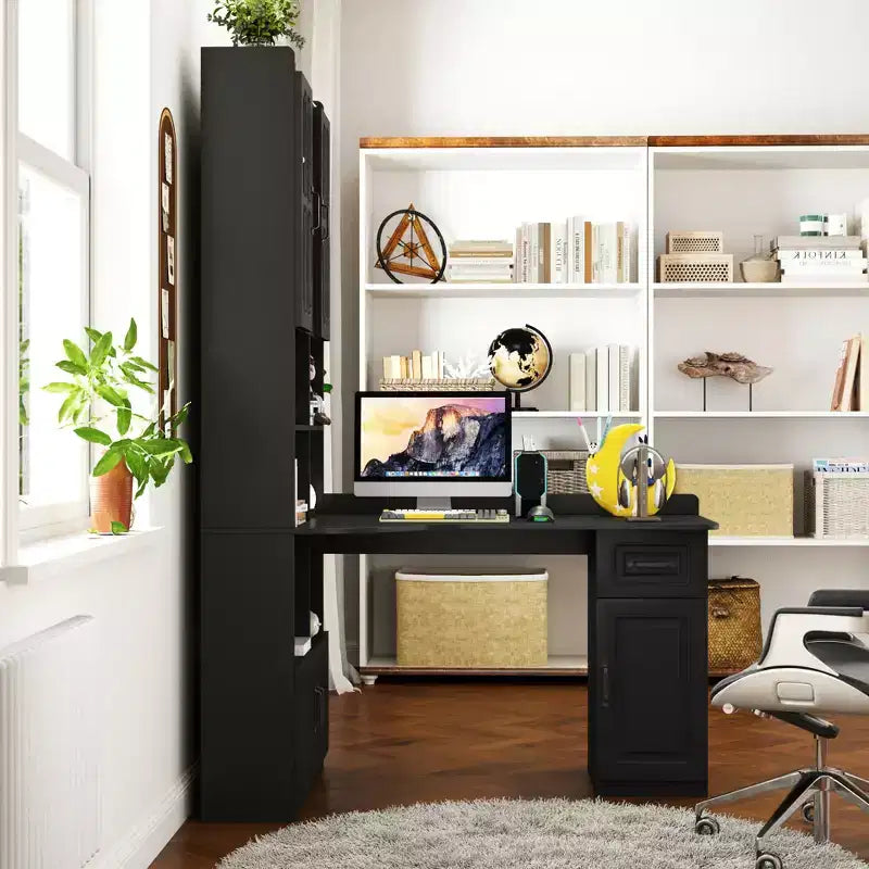 Scrivania angolare a L 2 in 1 per ufficio domestico o studio, tavolo da studio con cassetti, libreria e alzata, ampia superficie di lavoro