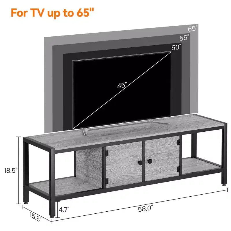 Mobile TV per televisori fino a 65 pollici, grande consolle TV con 2 vani contenitore chiusi e scomparti aperti, centro multimediale in legno con piedini