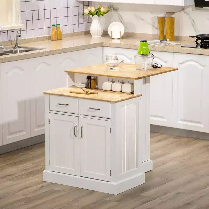 Isola da cucina con piano in legno di gomma a 2 livelli, tavolo-isola con ripiani e cassetti regolabili