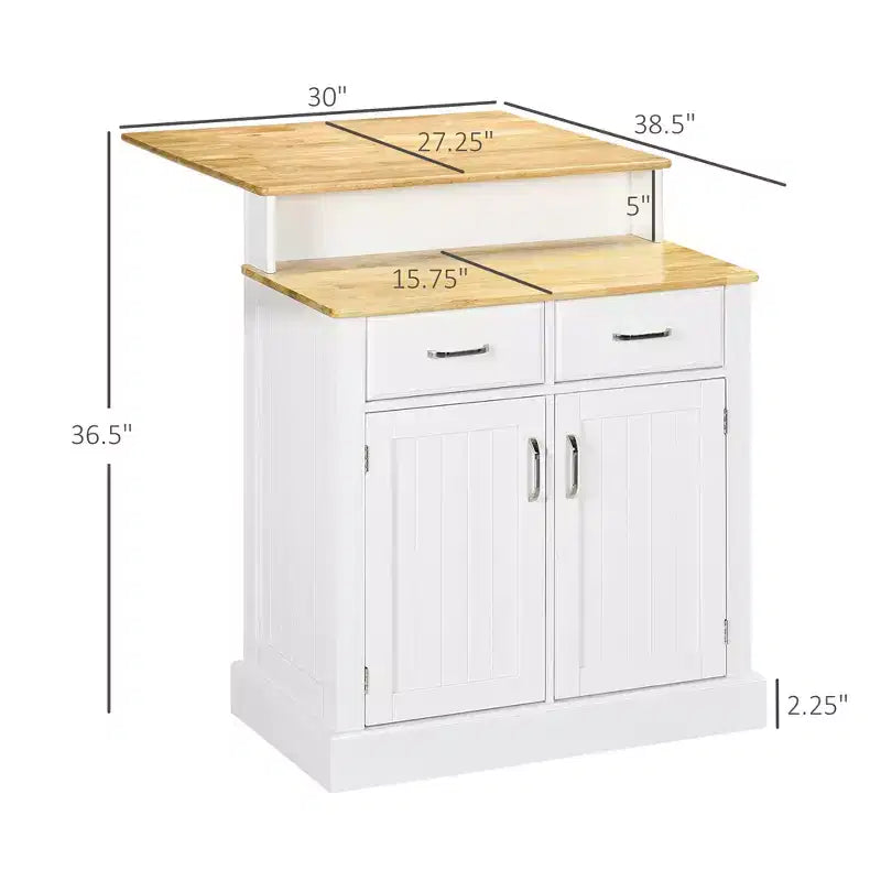 Isola da cucina con piano in legno di gomma a 2 livelli, tavolo-isola con ripiani e cassetti regolabili