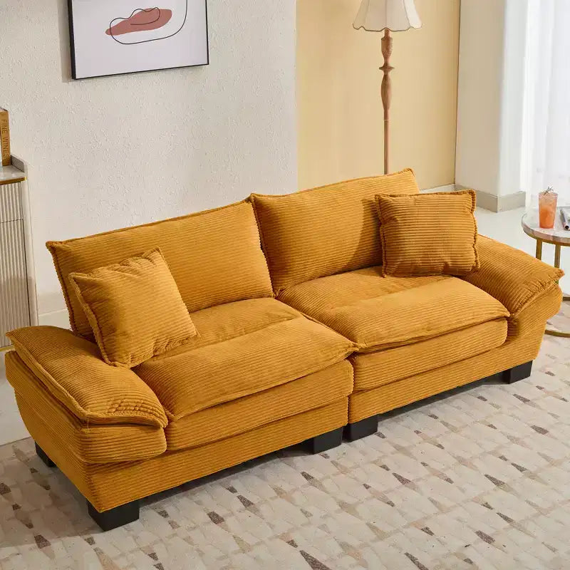 Corduroy Loveseat Upholstered Deep Seat Comfortable Sofa with Pillows for Bedroom Living Room Office Yellow