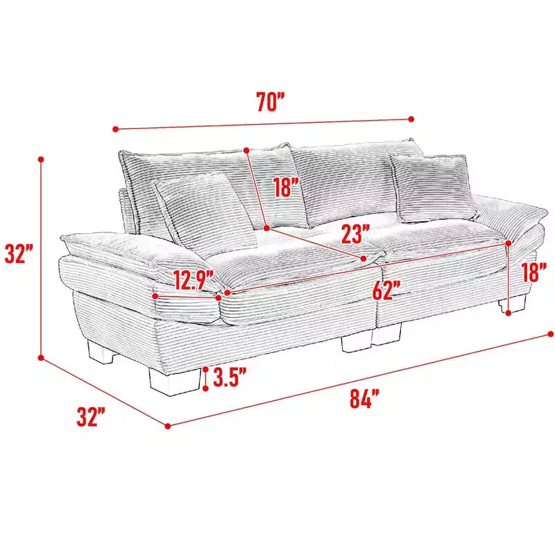 Corduroy Loveseat Upholstered Deep Seat Comfortable Sofa with Pillows for Bedroom Living Room Office Yellow