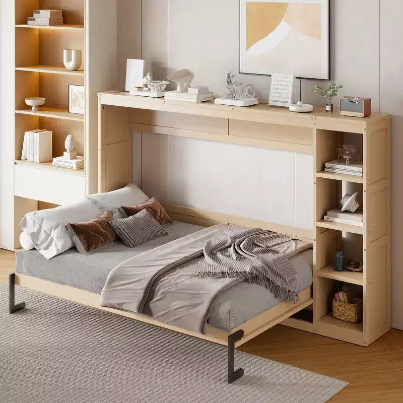 Wall bed with bookshelves—fold-away wall-mounted bed/cabinet bed suitable for guest rooms or offices.