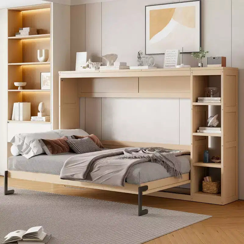 Wall bed with bookshelves—fold-away wall-mounted bed/cabinet bed suitable for guest rooms or offices.