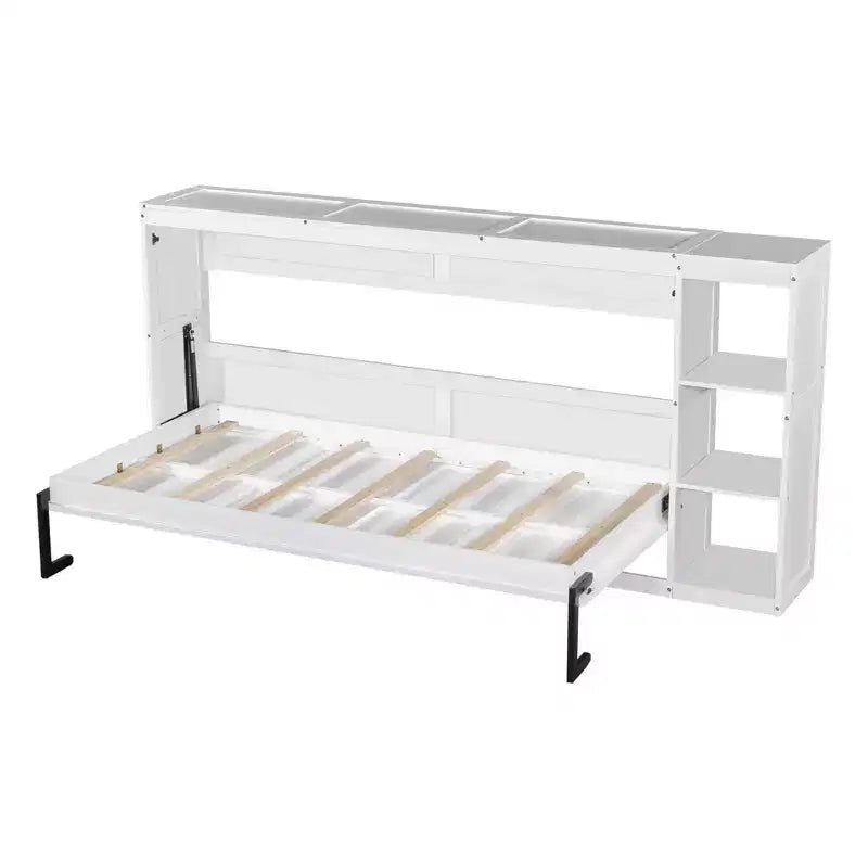 Wall bed with bookshelves—fold-away wall-mounted bed/cabinet bed suitable for guest rooms or offices.