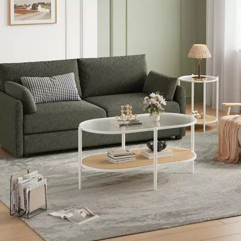 Coffee Table, Oval Water Wave Glass Top Side Table, Rattan Storage Shelf, 2-Tier Metal Frame, Farmhouse End Table for Living Room Small Space