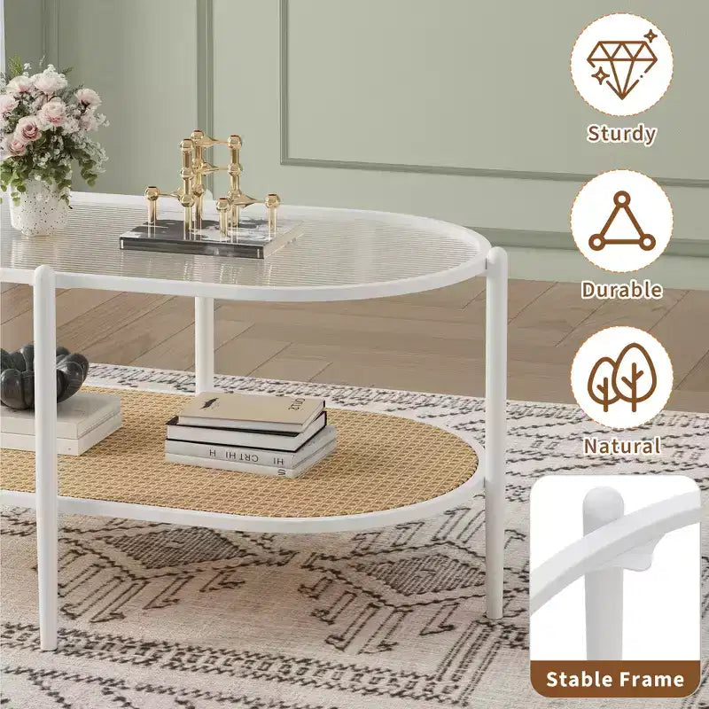 Coffee Table, Oval Water Wave Glass Top Side Table, Rattan Storage Shelf, 2-Tier Metal Frame, Farmhouse End Table for Living Room Small Space