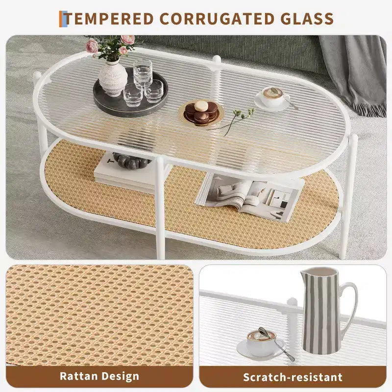Coffee Table, Oval Water Wave Glass Top Side Table, Rattan Storage Shelf, 2-Tier Metal Frame, Farmhouse End Table for Living Room Small Space