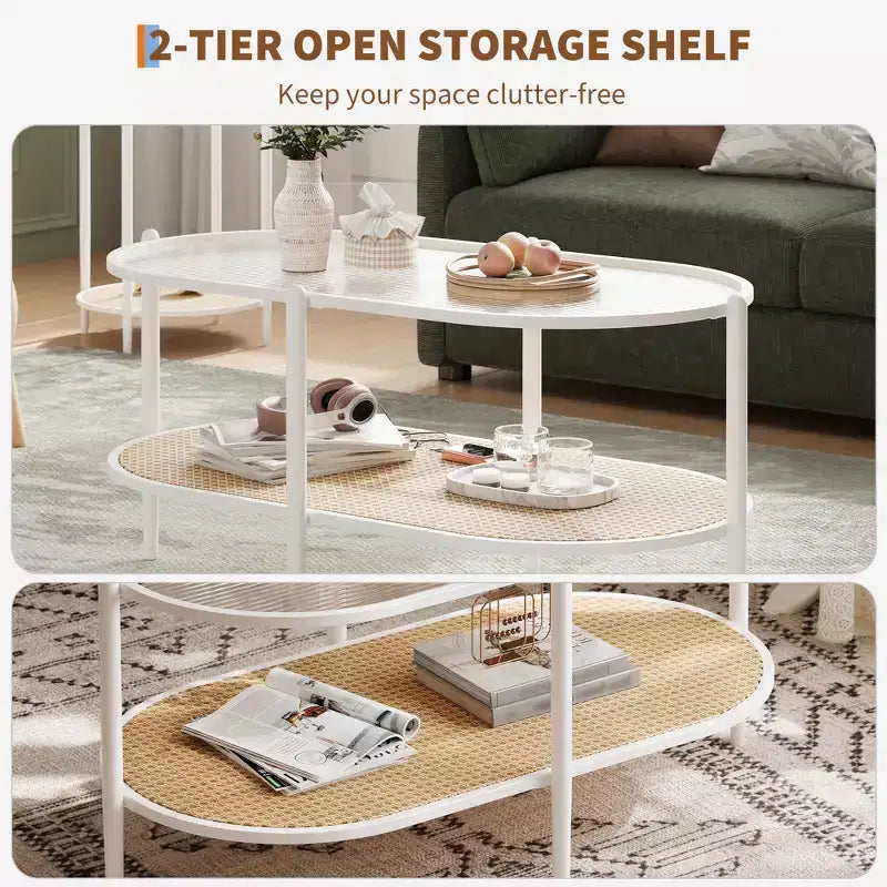 Coffee Table, Oval Water Wave Glass Top Side Table, Rattan Storage Shelf, 2-Tier Metal Frame, Farmhouse End Table for Living Room Small Space