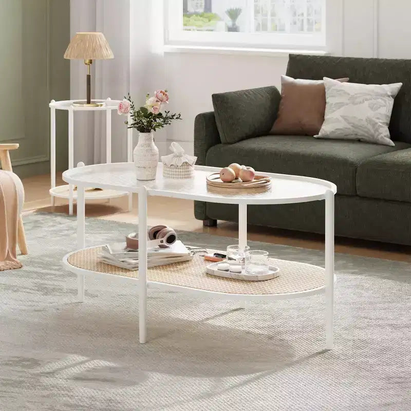 Coffee Table, Oval Water Wave Glass Top Side Table, Rattan Storage Shelf, 2-Tier Metal Frame, Farmhouse End Table for Living Room Small Space
