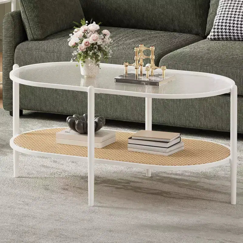 Coffee Table, Oval Water Wave Glass Top Side Table, Rattan Storage Shelf, 2-Tier Metal Frame, Farmhouse End Table for Living Room Small Space