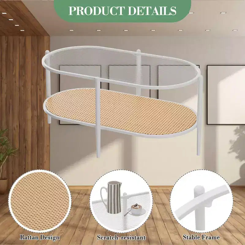 Coffee Table, Oval Water Wave Glass Top Side Table, Rattan Storage Shelf, 2-Tier Metal Frame, Farmhouse End Table for Living Room Small Space