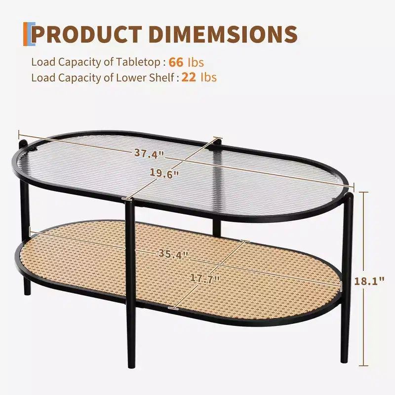 Coffee Table, Oval Water Wave Glass Top Side Table, Rattan Storage Shelf, 2-Tier Metal Frame, Farmhouse End Table for Living Room Small Space