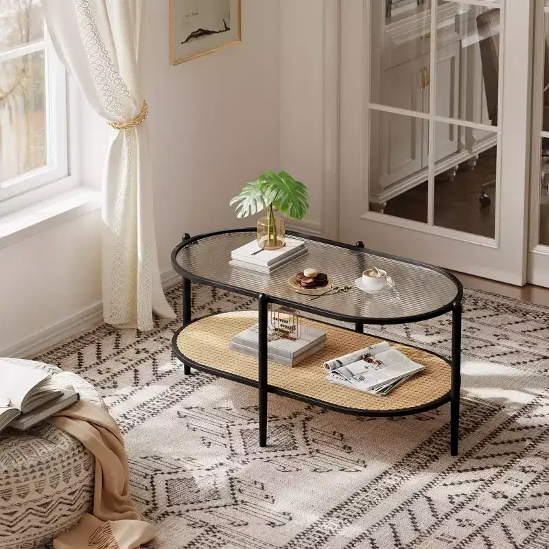 Coffee Table, Oval Water Wave Glass Top Side Table, Rattan Storage Shelf, 2-Tier Metal Frame, Farmhouse End Table for Living Room Small Space