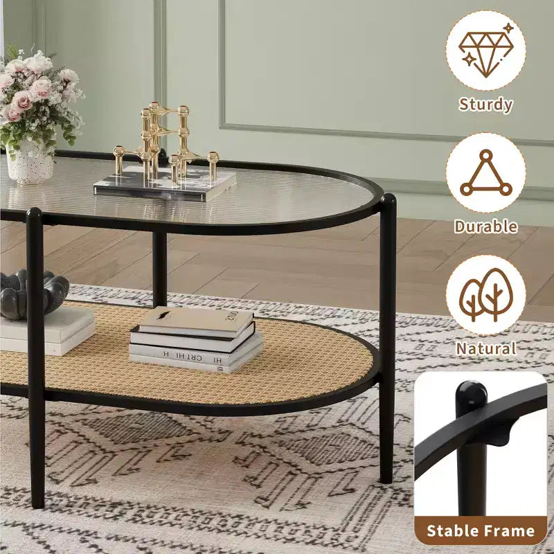 Coffee Table, Oval Water Wave Glass Top Side Table, Rattan Storage Shelf, 2-Tier Metal Frame, Farmhouse End Table for Living Room Small Space