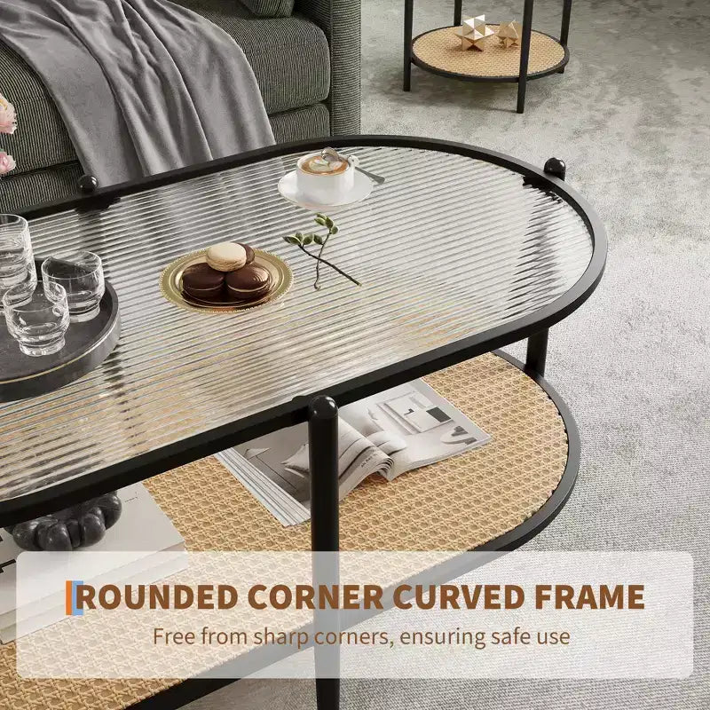 Coffee Table, Oval Water Wave Glass Top Side Table, Rattan Storage Shelf, 2-Tier Metal Frame, Farmhouse End Table for Living Room Small Space