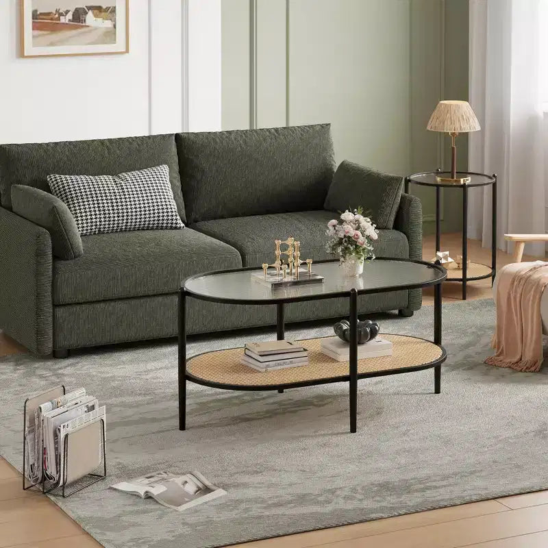 Coffee Table, Oval Water Wave Glass Top Side Table, Rattan Storage Shelf, 2-Tier Metal Frame, Farmhouse End Table for Living Room Small Space