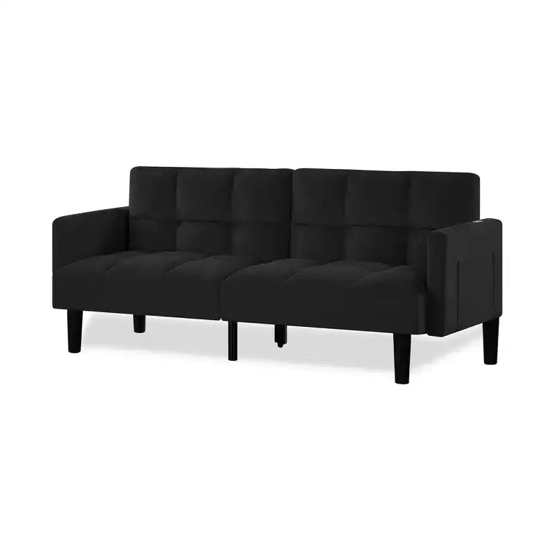 Divano letto futon in velluto, pieghevole e convertibile, a tre posti, trapuntato, per appartamento, nero