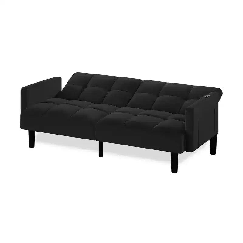Divano letto futon in velluto, pieghevole e convertibile, a tre posti, trapuntato, per appartamento, nero