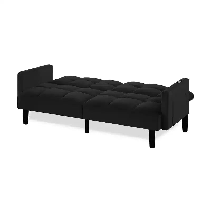 Divano letto futon in velluto, pieghevole e convertibile, a tre posti, trapuntato, per appartamento, nero