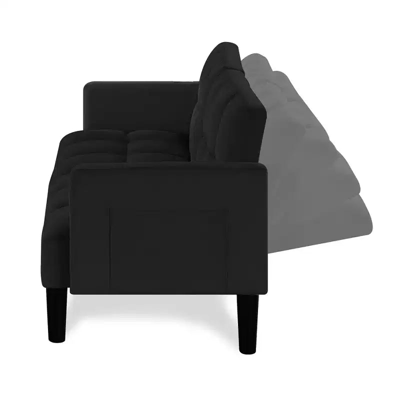 Divano letto futon in velluto, pieghevole e convertibile, a tre posti, trapuntato, per appartamento, nero