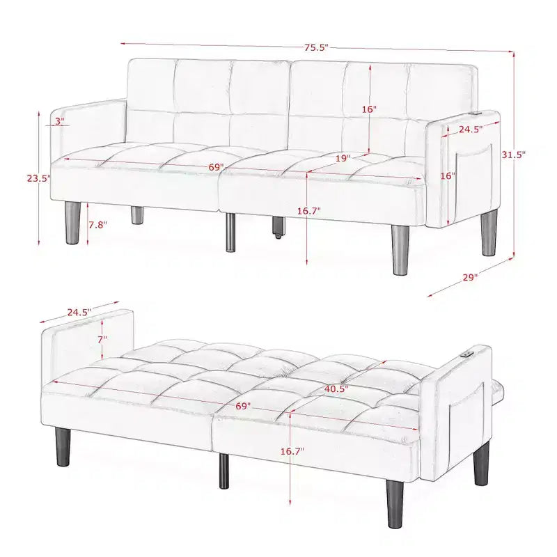 Divano letto futon in velluto, pieghevole e convertibile, a tre posti, trapuntato, per appartamento, nero
