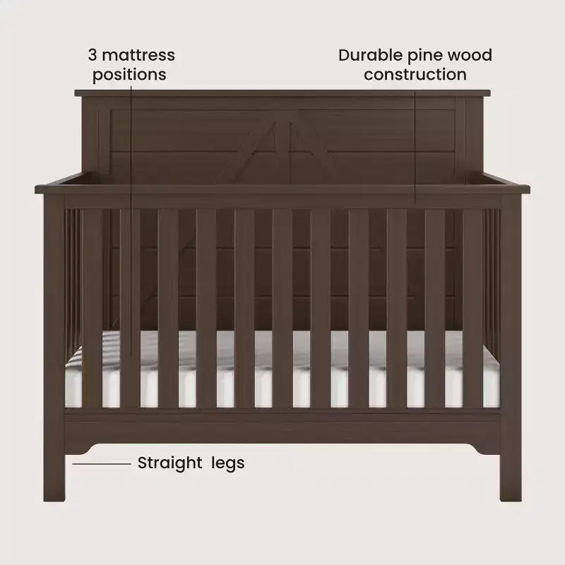 Lettino trasformabile 4 in 1, si trasforma in lettino da giorno, letto per bambini e letto matrimoniale full size, 3 posizioni del materasso, finitura sicura per i bambini