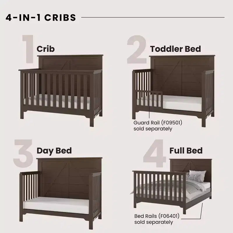 Lettino trasformabile 4 in 1, si trasforma in lettino da giorno, letto per bambini e letto matrimoniale full size, 3 posizioni del materasso, finitura sicura per i bambini