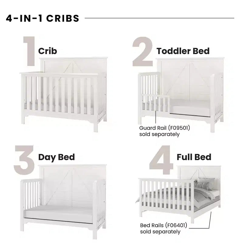 Lettino trasformabile 4 in 1, si trasforma in lettino da giorno, letto per bambini e letto matrimoniale full size, 3 posizioni del materasso, finitura sicura per i bambini