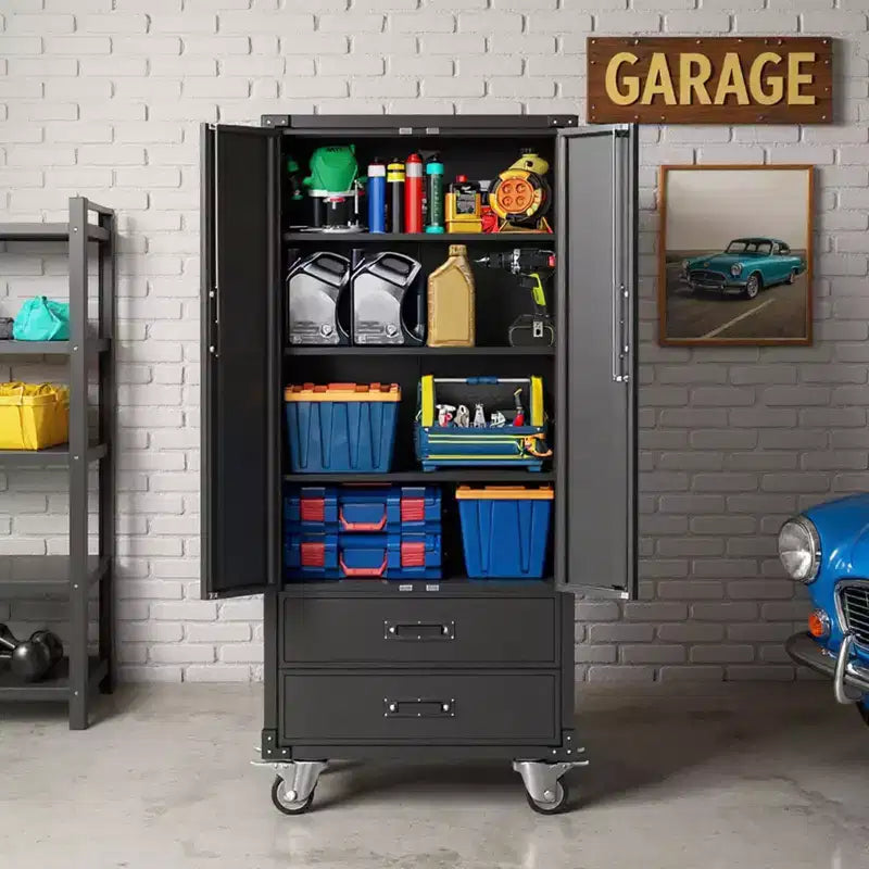 Mobiletto contenitore in metallo nero da 67 con ruote, mobile da garage con 2 cassetti + 4 ripiani regolabili, mobile portautensili con ante con serratura per officina, ufficio