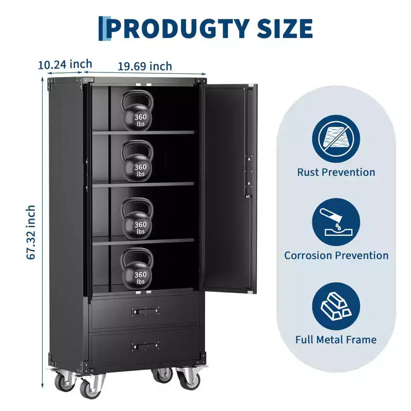 Mobiletto contenitore in metallo nero da 67 con ruote, mobile da garage con 2 cassetti + 4 ripiani regolabili, mobile portautensili con ante con serratura per officina, ufficio