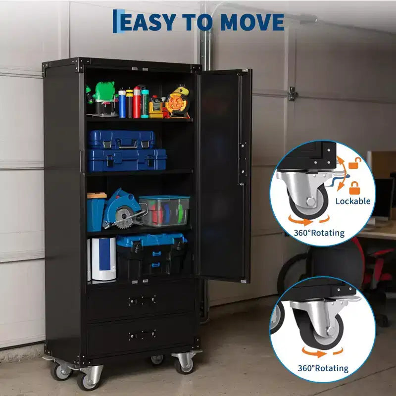 Mobiletto contenitore in metallo nero da 67 con ruote, mobile da garage con 2 cassetti + 4 ripiani regolabili, mobile portautensili con ante con serratura per officina, ufficio
