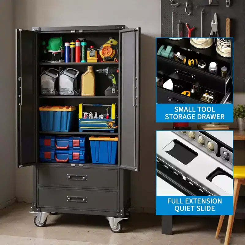 Mobiletto contenitore in metallo nero da 67 con ruote, mobile da garage con 2 cassetti + 4 ripiani regolabili, mobile portautensili con ante con serratura per officina, ufficio