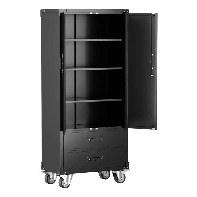 Mobiletto contenitore in metallo nero da 67 con ruote, mobile da garage con 2 cassetti + 4 ripiani regolabili, mobile portautensili con ante con serratura per officina, ufficio