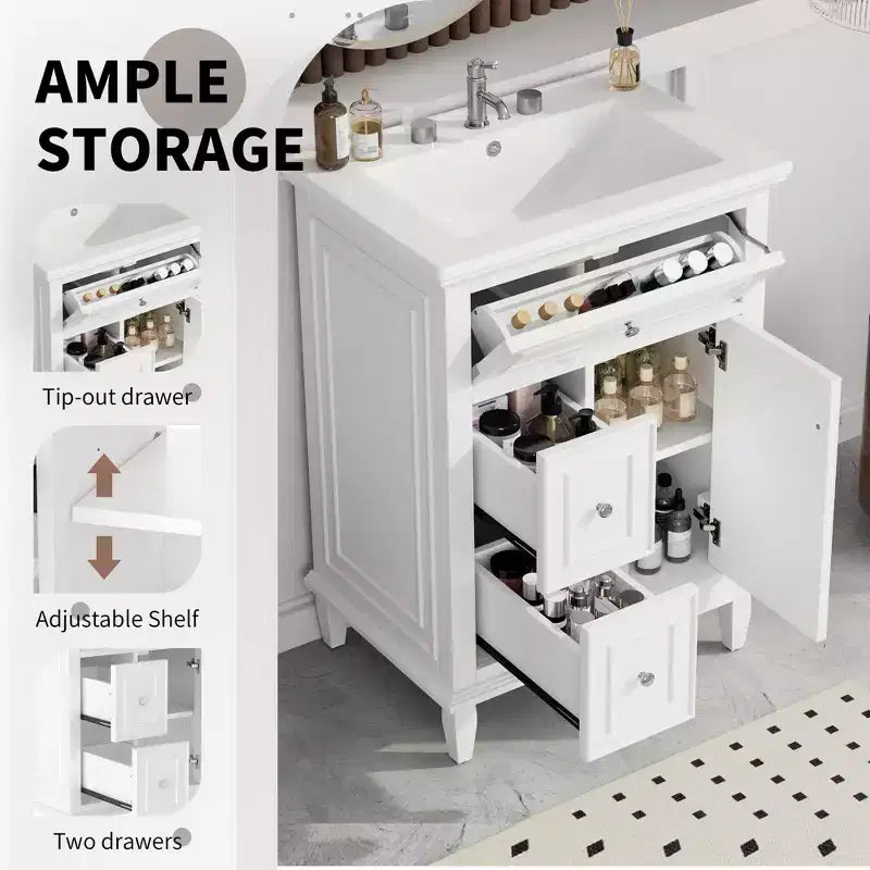 Mobile lavabo da bagno con lavandino, mobiletto da bagno con 1 cassetto a ribalta, 2 cassetti e ripiano regolabile, lavabo freestanding singolo bianco