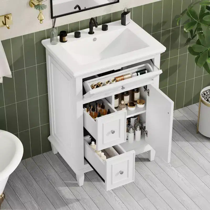 Mobile lavabo da bagno con lavandino, mobiletto da bagno con 1 cassetto a ribalta, 2 cassetti e ripiano regolabile, lavabo freestanding singolo bianco