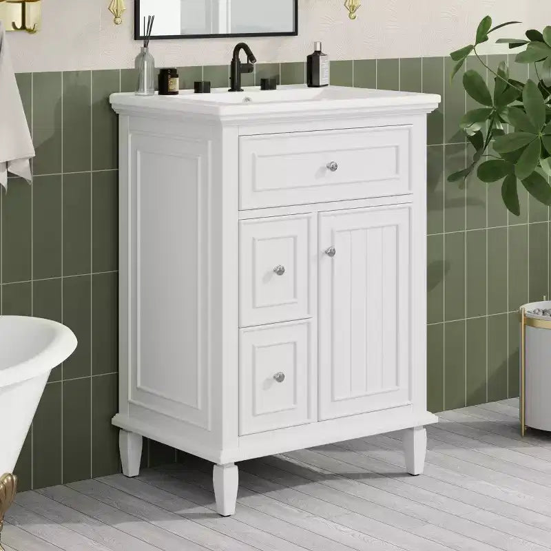 Mobile lavabo da bagno con lavandino, mobiletto da bagno con 1 cassetto a ribalta, 2 cassetti e ripiano regolabile, lavabo freestanding singolo bianco