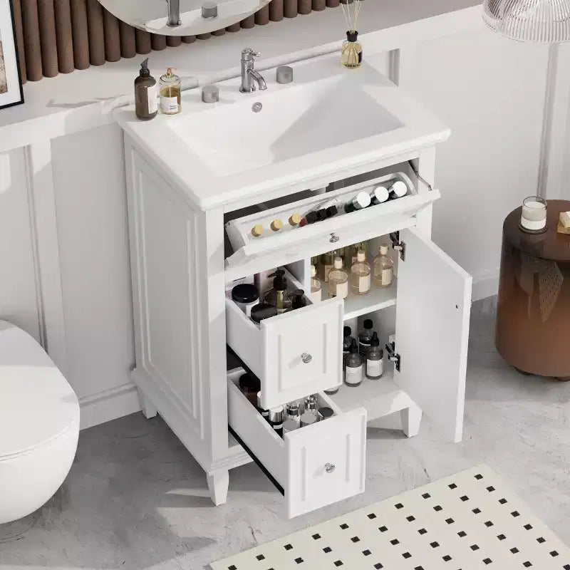 Mobile lavabo da bagno con lavandino, mobiletto da bagno con 1 cassetto a ribalta, 2 cassetti e ripiano regolabile, lavabo freestanding singolo bianco