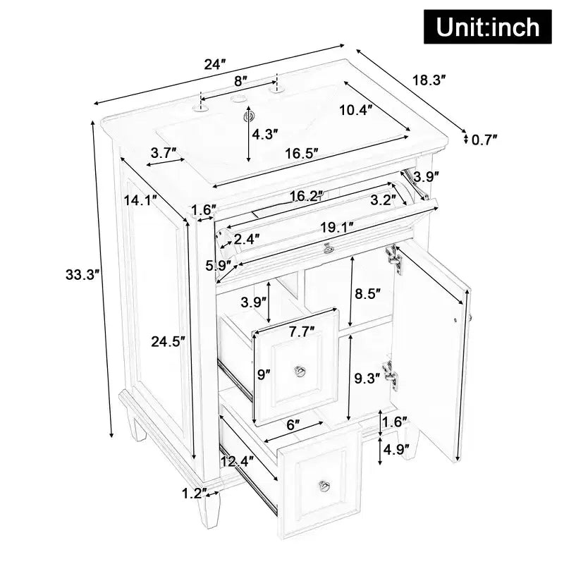 Mobile lavabo da bagno con lavandino, mobiletto da bagno con 1 cassetto a ribalta, 2 cassetti e ripiano regolabile, lavabo freestanding singolo bianco