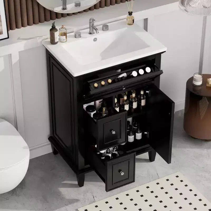 Mobile lavabo da bagno con lavandino, mobiletto da bagno con 1 cassetto a ribalta, 2 cassetti e ripiano regolabile, lavabo freestanding singolo bianco