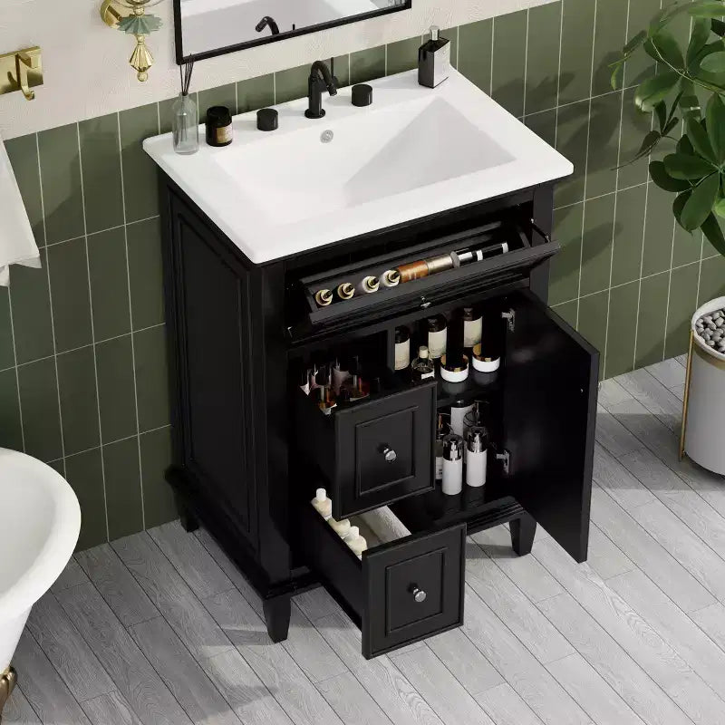 Mobile lavabo da bagno con lavandino, mobiletto da bagno con 1 cassetto a ribalta, 2 cassetti e ripiano regolabile, lavabo freestanding singolo bianco