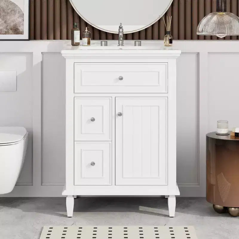 Mobile lavabo da bagno con lavandino, mobiletto da bagno con 1 cassetto a ribalta, 2 cassetti e ripiano regolabile, lavabo freestanding singolo bianco
